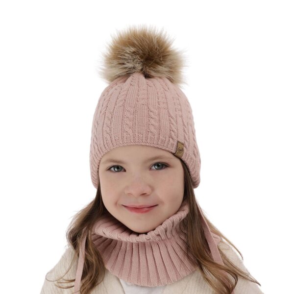 Girl's winter set: hat and tube scarf pink with pompom Loreley