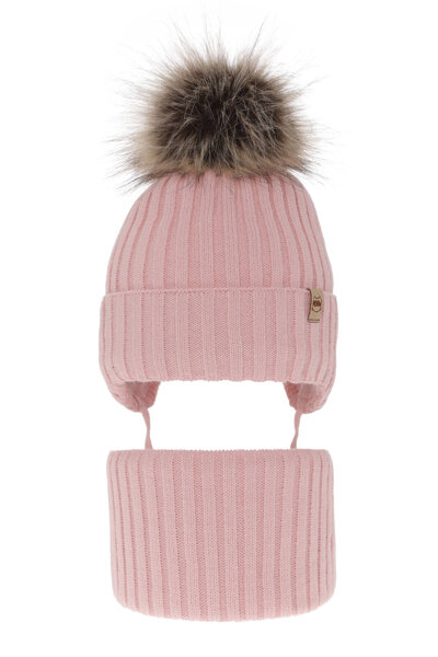 Girl's winter set: hat and tube scarf pink with pompom Louisa