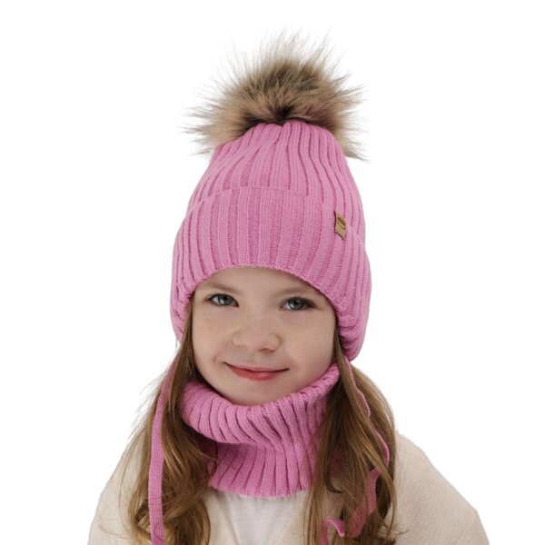 Girl's winter set: hat and tube scarf pink with pompom Louisa