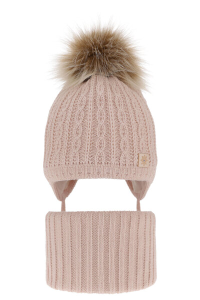 Girl's winter set: hat and tube scarf pink with pompom Passa