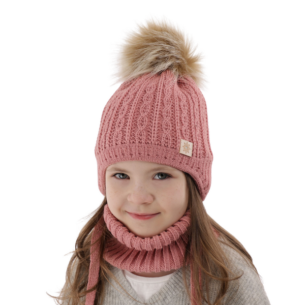 Girl's winter set: hat and tube scarf pink with pompom Passa