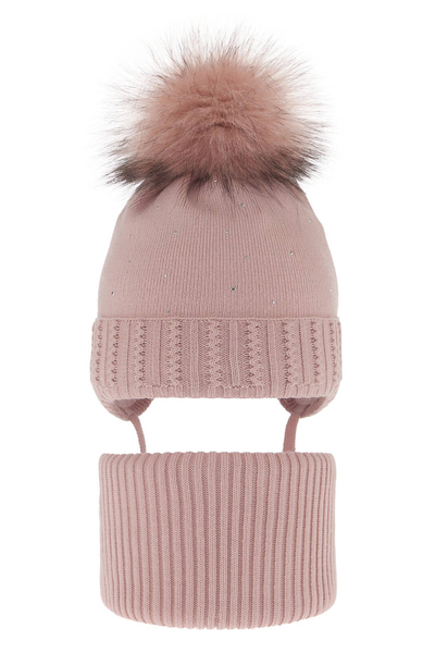 Girl's winter set: hat and tube scarf pink with pompom Renia