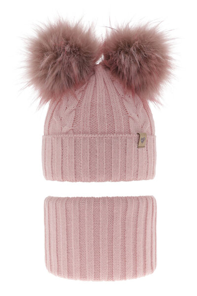 Girl's winter set: hat and tube scarf pink with two pompoms Amala