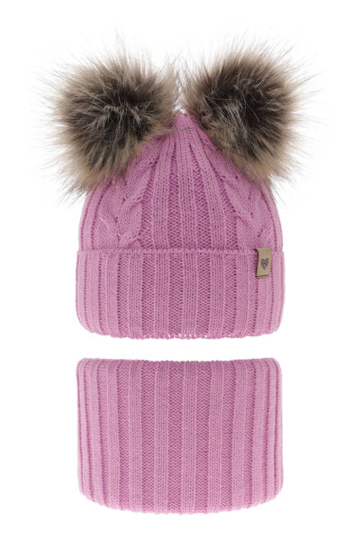 Girl's winter set: hat and tube scarf pink with two pompoms Amala