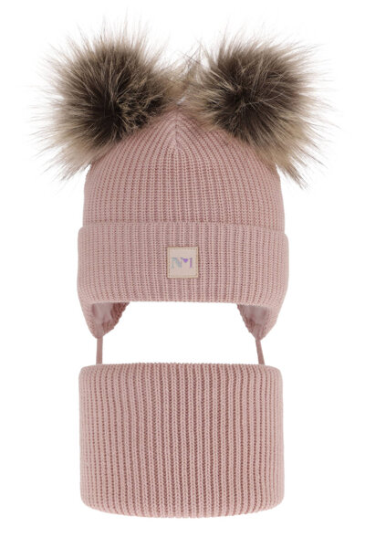 Girl's winter set: hat and tube scarf pink with two pompoms Elara