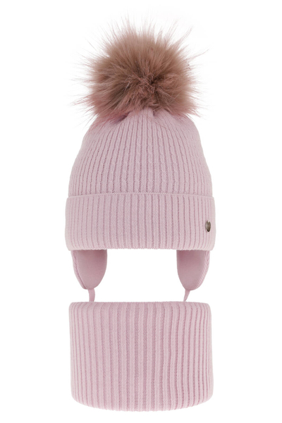 Girl's winter set: hat and tube scarf violet with pompom Debra