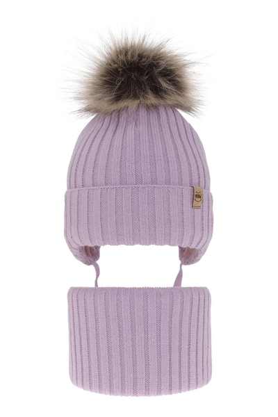 Girl's winter set: hat and tube scarf violet with pompom Louisa