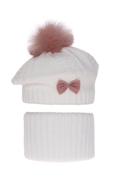 Girl's winter set: hat and tube scarf white Amora with pompom