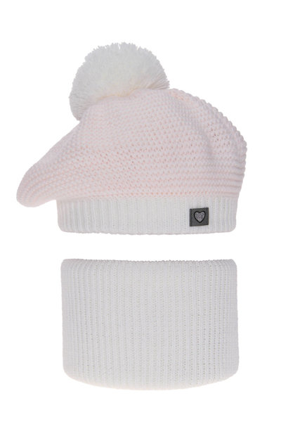 Girl's winter set: hat and tube scarf white Lira with pompom