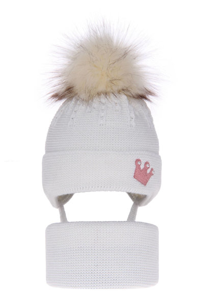 Girl's winter set: hat and tube scarf white Narnia with pompom