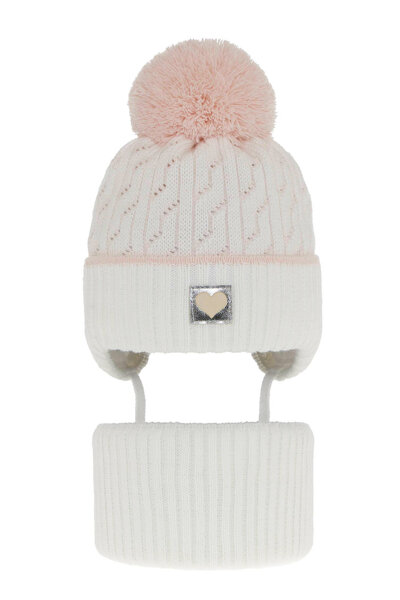 Girl's winter set: hat and tube scarf white Natka with pompom