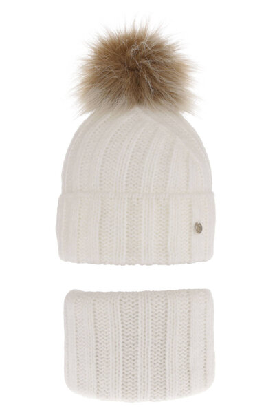 Girl's winter set: hat and tube scarf white Polaris with pompom