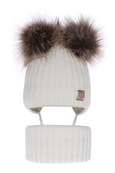 Girl's winter set: hat and tube scarf white Telisa with two pompom