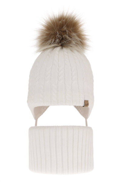 Girl's winter set: hat and tube scarf white with pompom Loreley