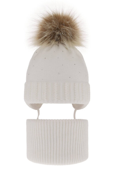 Girl's winter set: hat and tube scarf white with pompom Renia