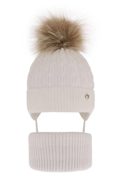 Girl's winter set: hat and tube scarf white with pompom Tukana 