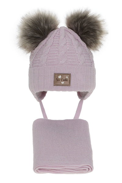 Girl's winter set: hat with shiny thread (lurex) and scarf violet Klarita with two pompom