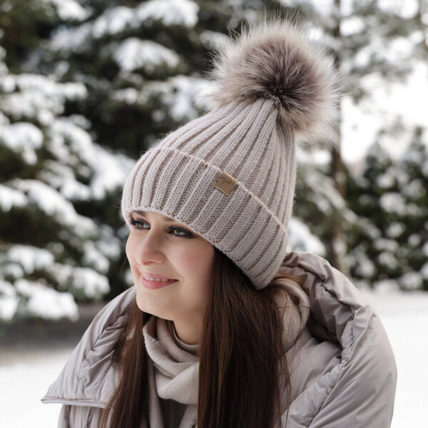 Woman's winter hat beige Europa with pompom