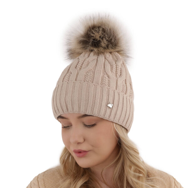 Woman's winter hat beige Laona with pompom