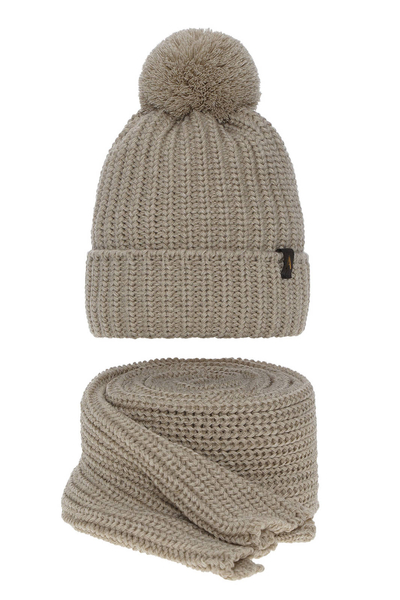 Woman's winter set: hat and scarf beige Lupita with pompom