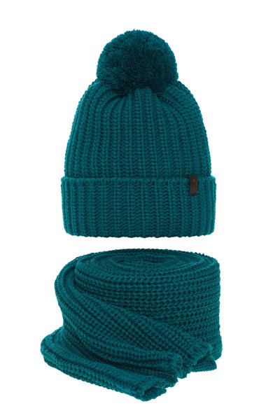 Woman's winter set: hat and scarf green Lupita with pompom