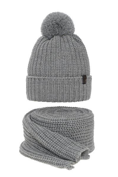 Woman's winter set: hat and scarf grey Lupita with pompom