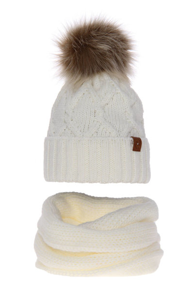 Woman's winter set: hat and tube scarf ecru Kreacja with pompom