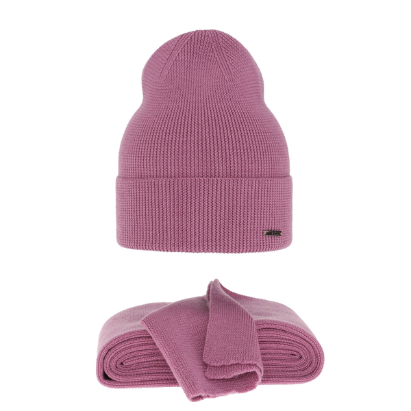 Women's spring and winter set: hat and scarf pink 100% extra fine merino wool Melpomena