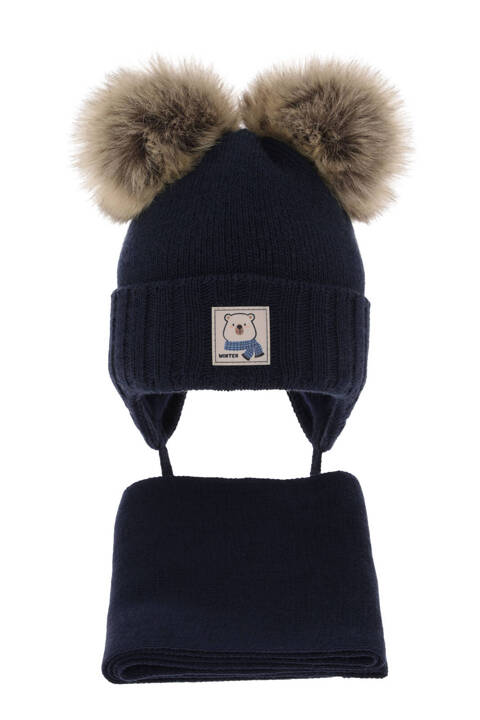 Boy' s winter set: hat and scarf navy blue with two pompoms Jewel