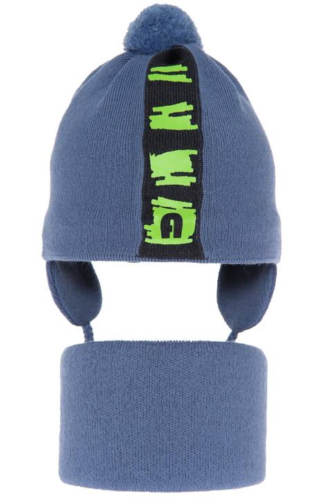 Boy's spring/ autumn set: hat and tube scarf blue Saper with pompom