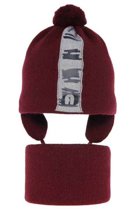 Boy's spring/ autumn set: hat and tube scarf burgund Saper with pompom