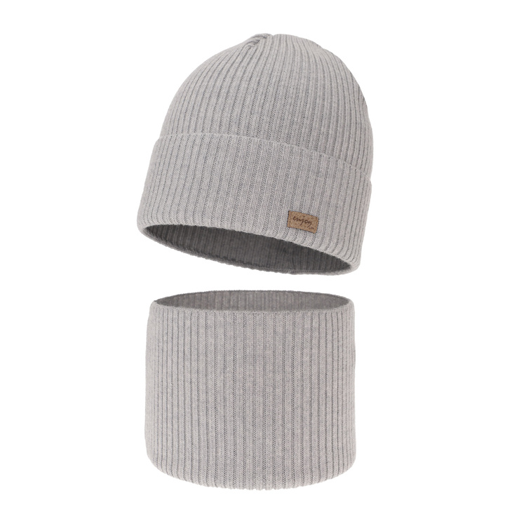 Boy's spring/ autumn set: hat and tube scarf grey 100% extra finemerino wool Intro