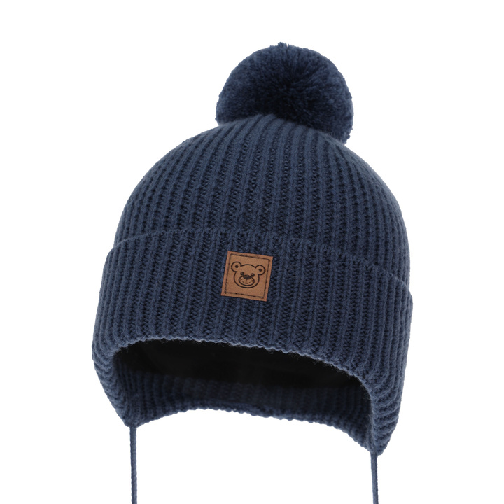 Boy's winter hat navy blue 100% extra fine merino wool, lined with wool fleece Tofik