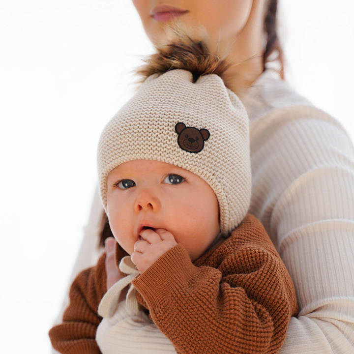 Boy's winter set: hat and scarf beige Banksi with pompom