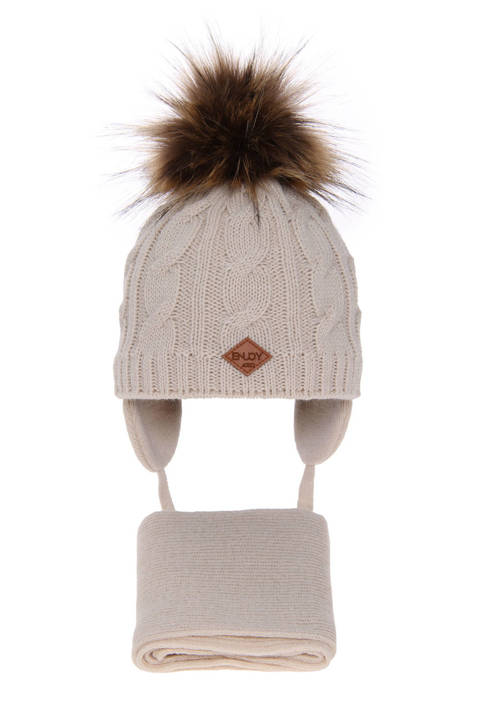 Boy's winter set: hat and scarf beige Minor with pompom