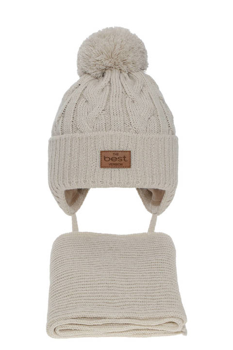 Boy's winter set: hat and scarf beige Remix with pompom