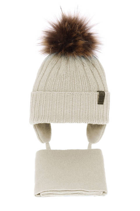 Boy's winter set: hat and scarf beige Wiko with pompom