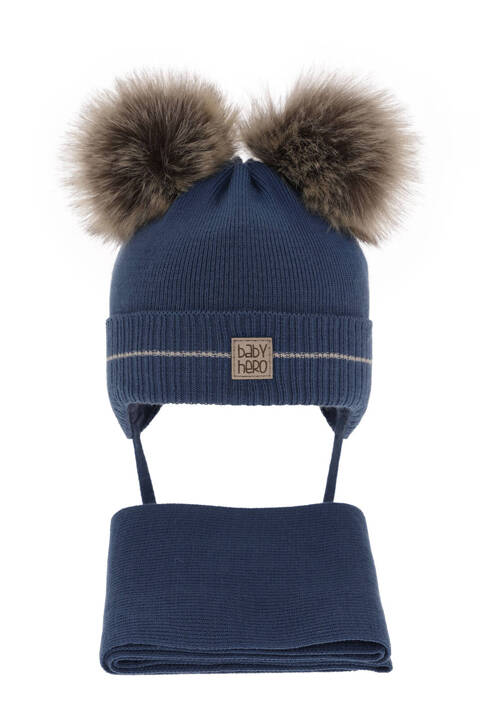 Boy's winter set: hat and scarf blue with two pompom Melon