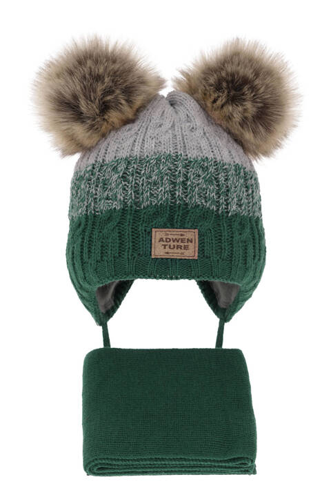 Boy's winter set: hat and scarf green with two pompom Platon