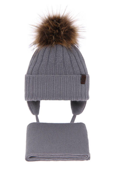 Boy's winter set: hat and scarf grey Wiko with pompom