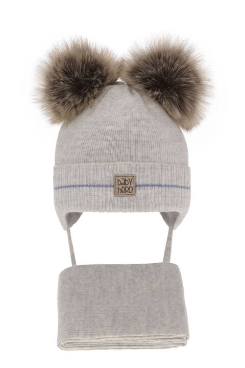 Boy's winter set: hat and scarf grey with two pompom Melon