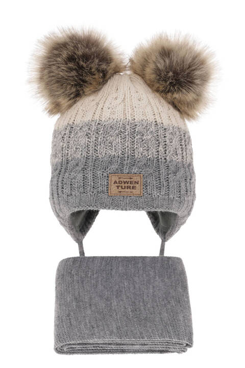 Boy's winter set: hat and scarf grey with two pompom Platon