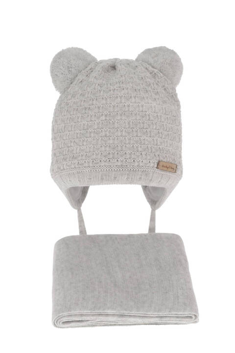 Boys winter set hat and scarf grey with two pompoms Franki