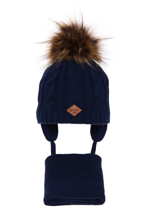 Boy's winter set: hat and scarf navy blue Minor with pompom