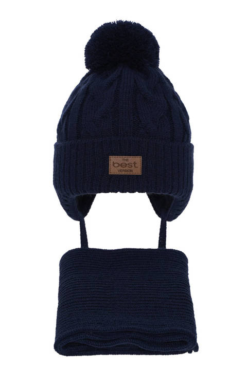 Boy's winter set: hat and scarf navy blue Remix with pompom