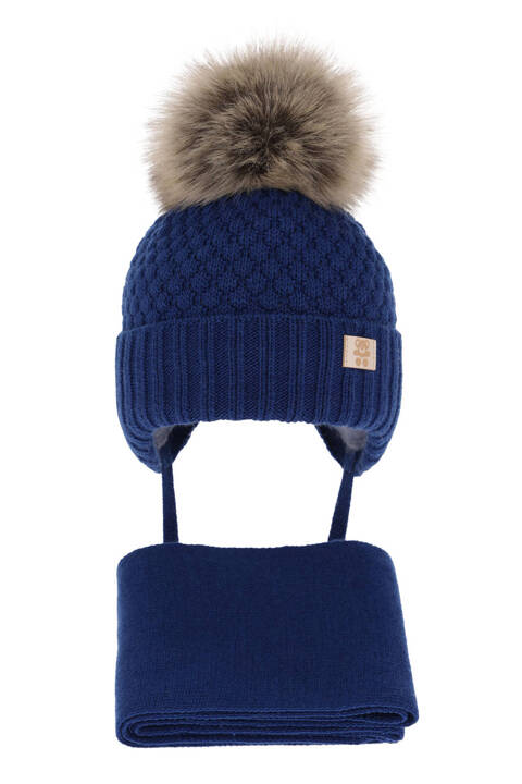 Boys winter set hat and scarf navy blue with pompom Norberto