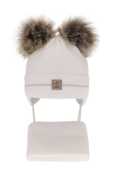 Boy's winter set: hat and scarf white with two pompom Melon