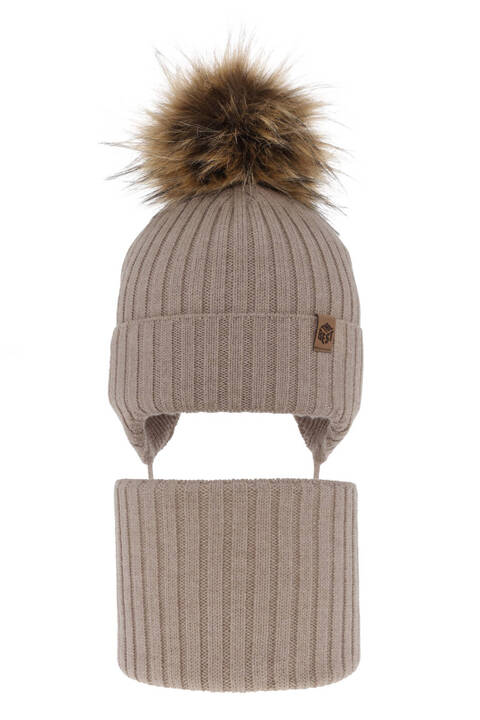 Boy's winter set: hat and tube scarf, beige, 100% extra fine merino wool Juno