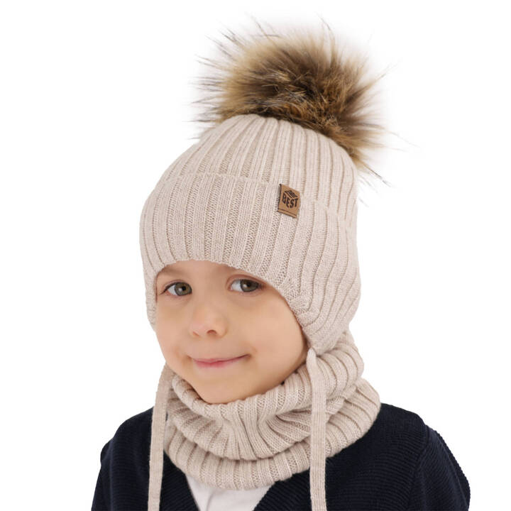 Boy's winter set: hat and tube scarf, beige, 100% extra fine merino wool Juno