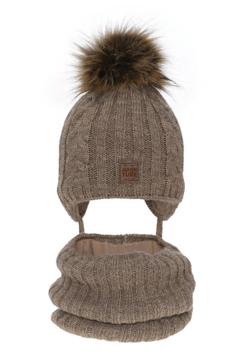 Boy's winter set: hat and tube scarf beige Casper with pompom